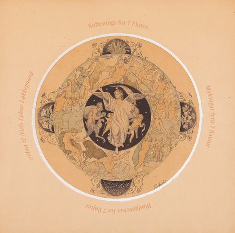Text: "Softenings for 7 Flutes", "vítotra & Niels Lyhne Løkkegaard", "Mykingar fyri 7 floytur". Mittelalterliche Illustration.