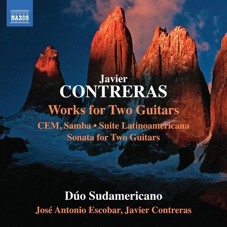 Javier Contreras, Works for Two Guitars. Dúo Sudamericano. Hintergrund: Dramatisch beleuchtete Bergspitzen.