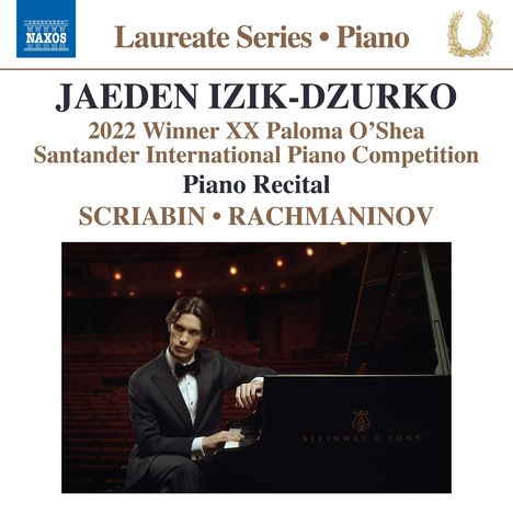 JAEDEN IZIK-DZURKO, Gewinner 2022, Klavierrezital, Stücke von SCRIABIN und RACHMANINOV. Ein Mann am Flügel.
