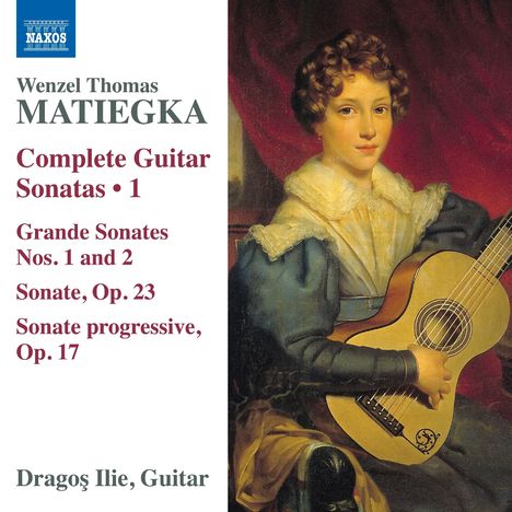 Links: "Wenzel Thomas Matiegka, Complete Guitar Sonatas 1". Rechts: Eine Person in altmodischer Kleidung mit Gitarre.