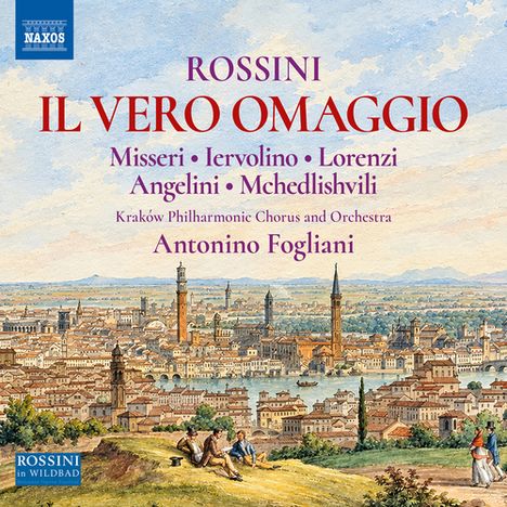 "ROSSINI IL VERO OMAGGIO" in roter Schrift. Unten eine malerische Stadtansicht mit Fluss und Türmen.