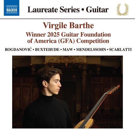 "Virgile Barthe, Gewinner 2025 GFA Wettbewerb," Porträt eines jungen Mannes mit Gitarre, im Hintergrund ein festlicher Raum.