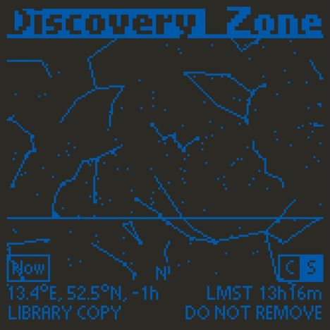 Text: "Discovery Zone", "Now", "13.4°E, 52.5°N, -1h", "LIBRARY COPY", "LMST 13h16m", "DO NOT REMOVE". 

Sternkarte-Illustration.