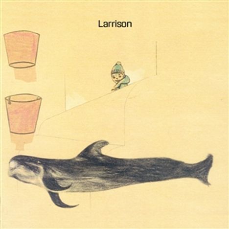 Text: "Larrison". Illustration eines Kindes mit Mütze neben zwei Eimerskizzen und einem schwimmenden Wal.