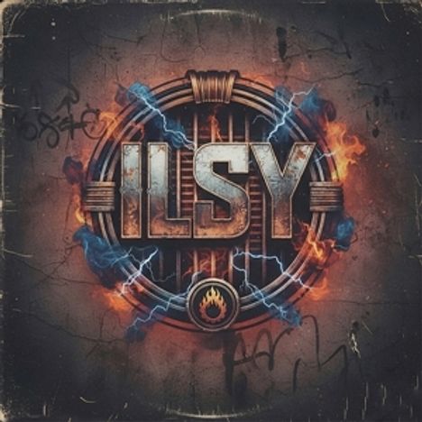 "ILSY" in großen Buchstaben, im Hintergrund blauer Blitz und Flammen. Ein Logo mit metallischem und industriellem Design.