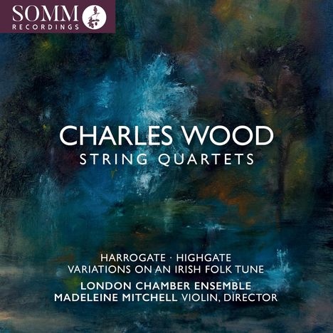 "CHARLES WOOD STRING QUARTETS" steht in weiß auf einem abstrakten, dunklen Hintergrund. Oben links ist ein Logo.