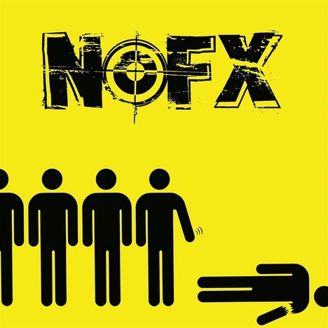 Text: „NOFX“. Schwarzer Schriftzug auf gelbem Hintergrund. Unten schwarze Figuren, vier stehend, eine liegt am Boden.