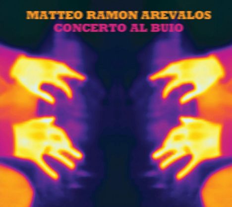 MATTEO RAMON AREVALOS, CONCERTO AL BUIO in gelber und pinker Schrift auf einem Spiegelbild von Händen.