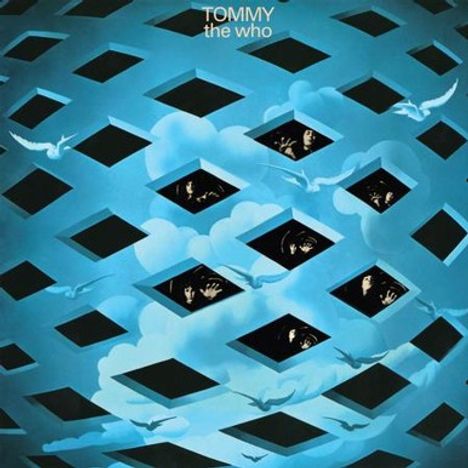 "Tommy the who" steht oben. Blaues Gitter mit diagonalen Öffnungen, durch die Gesichter und Hände sichtbar sind.