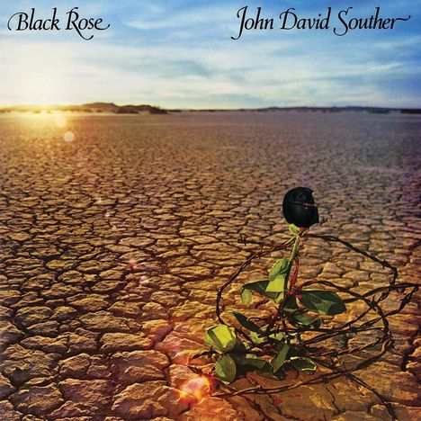 Text: "Black Rose", "John David Souther". Trockene Wüstenlandschaft mit schwarzer Rose und Stacheldraht beleuchtet von der Sonne.