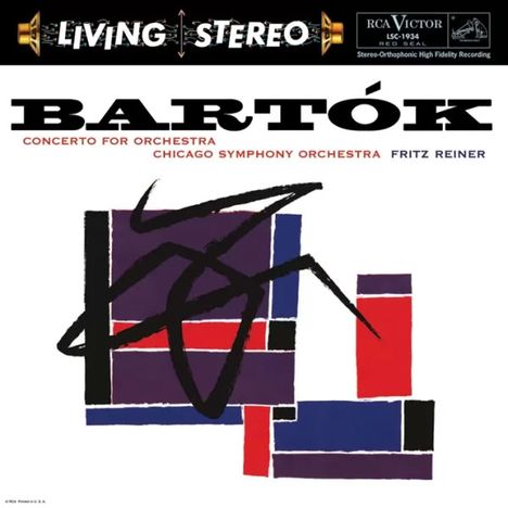 Text: "Living Stereo", "Bartók", "Concerto for Orchestra", "Chicago Symphony Orchestra", "Fritz Reiner". Geometrische Illustration.