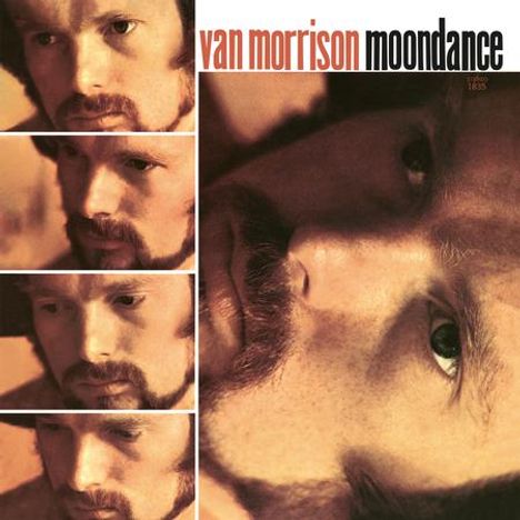 „Van Morrison Moondance“ in weiß und orange geschrieben. Mehrere Nahaufnahmen eines nachdenklichen Mannes mit Bart.