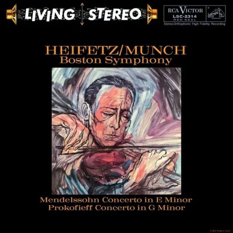 "Heifetz/Munch Boston Symphony. Mendelssohn Concerto in E Minor, Prokofieff Concerto in G Minor. Illustration eines Geigers."