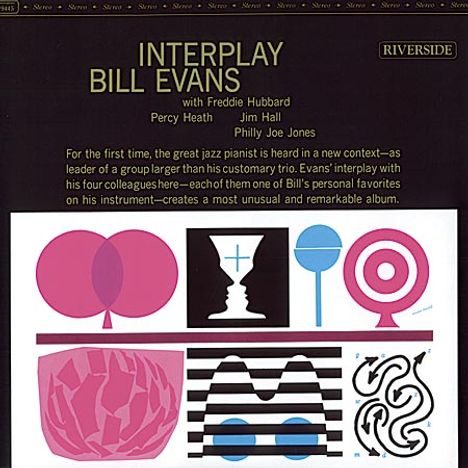 "INTERPLAY BILL EVANS" mit Künstlernamen. Geometrische Formen: Kreise, Streifen und Symbole in Blau, Rosa, und Schwarz.