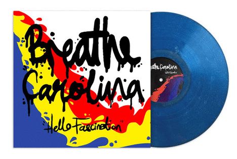 "Breathe Carolina", "Hello Fascination", bunte, gesprenkelte Gestaltung auf einem Albumcover mit blauer Schallplatte.