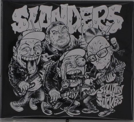 "SKANDERS" und "SOLUTION FOR SUCKERS" im Comicstil, zeigt vier Cartoon-Musiker mit übertriebenen Gesichtsausdrücken.
