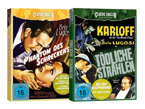 Zwei Cover der "Classic Chiller Collection" mit den Filmtiteln "Phantom des Schreckens" und "Tödliche Strahlen".