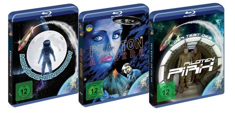 „MONDSCHEINBOGEN“, „PHAETON AN ERDE“, „PILOTEN PIRX“. Drei Blu-ray Hüllen mit Sci-Fi-Motiven. FSK 12.