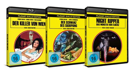 Drei Blu-ray-Cover der Filmart Giallo Edition: "Der Killer von Wien", "Der Schwanz des Skorpions", "Night Ripper". Jeweils FSK 16.