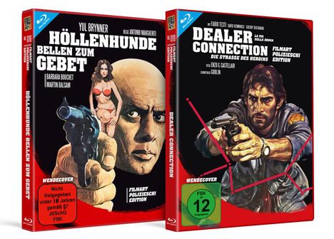 Links: "HÖLLENHUNDE BELLEN ZUM GEBET", zeigt eine Waffe und Frau. Rechts: "DEALER CONNECTION", zeigt einen Mann mit Pistole.