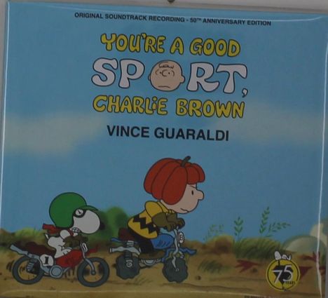 "You're a Good Sport, Charlie Brown. Vince Guaraldi." Illustration: Zwei Comicfiguren auf Motorrädern in einer Landschaft.