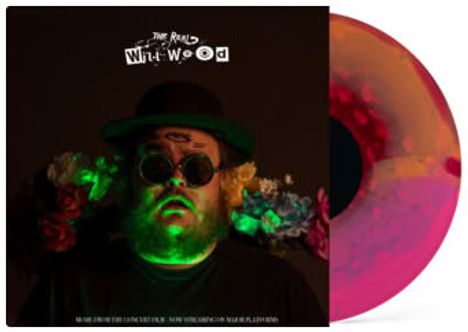 "The Real Wild Wood." Eine Person mit Sonnenbrille und Hut, umgeben von leuchtenden Blumen, daneben eine bunte Schallplatte.