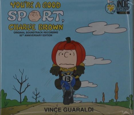 "You're a Good Sport, Charlie Brown. Original Soundtrack Recording 50th Anniversary Edition. Illustration von Charlie Brown auf einem BMX mit Kürbiskopfhelm."