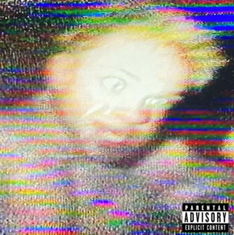 "Parental Advisory Explicit Content". Verzerrtes Gesicht mit bunten Streifen, verschwommen und unklar.
