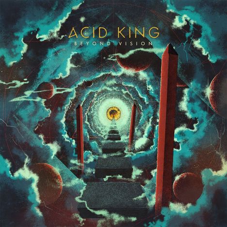 "ACID KING BEYOND VISION" steht über einer surreale Szene mit wolkigem Himmel, roten Obelisken und einem leuchtendem Zentrum.