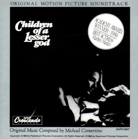 "Original Motion Picture Soundtrack", "Children of a Lesser God", "Academy Award Winner 1986", Bild in Schwarz-Weiß.