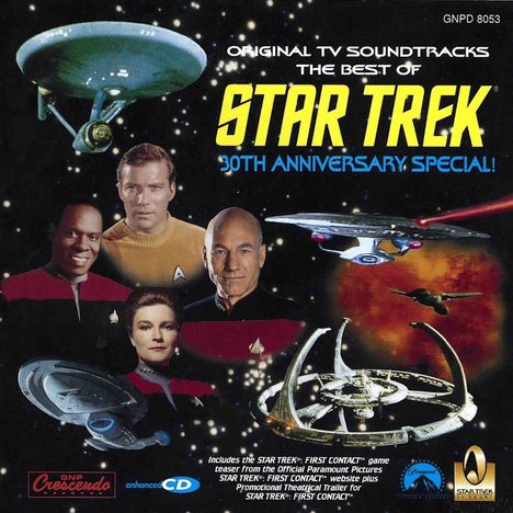 "Original TV Soundtracks: The Best of Star Trek, 30th Anniversary Special!" Eine Collage aus Raumschiffen und Personen.