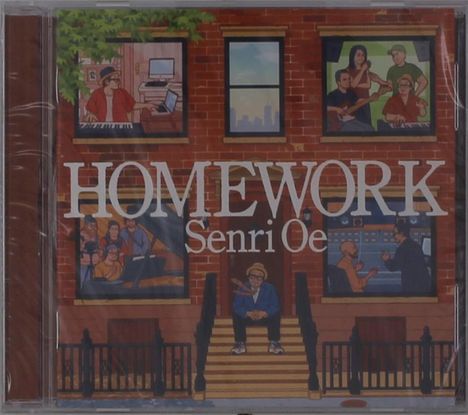 „HOMEWORK Senri Oe“ steht groß auf einem Backsteingebäude. In den Fenstern sind Musiker und Tonstudios zu sehen.