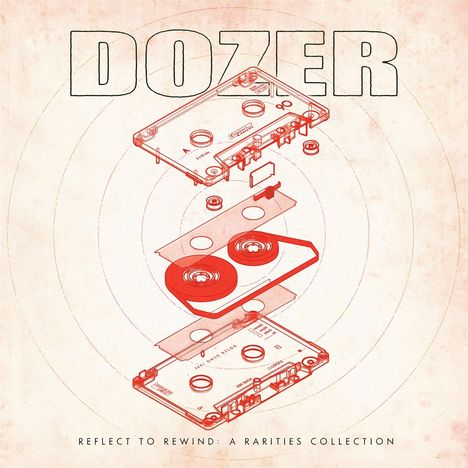 Text: "DOZER" oben, "REFLECT TO REWIND: A RARITIES COLLECTION" unten. Illustration einer zerlegten Audiokassette.