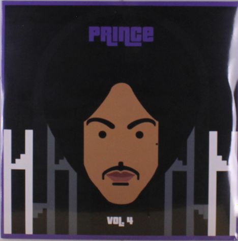 Text: "PRINCE" oben, "VOL 4" unten. Illustration eines Gesichts mit Afro und Schnurrbart, stilisierte Gebäude im Hintergrund.