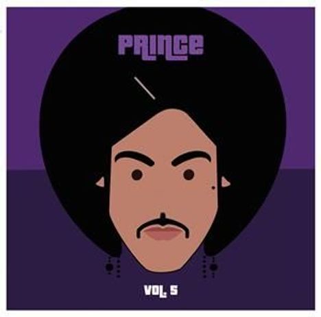 Text: "PRINCE VOL 5." Illustration eines Gesichts mit Afro, Schnurrbart und Ohrringen, lila Hintergrund.