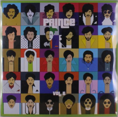 Text: "PRINCE VOL 6". 

Illustration: Bunte, stilisierte Porträts eines Mannes mit unterschiedlichen Frisuren und Outfits in einem Gitter.