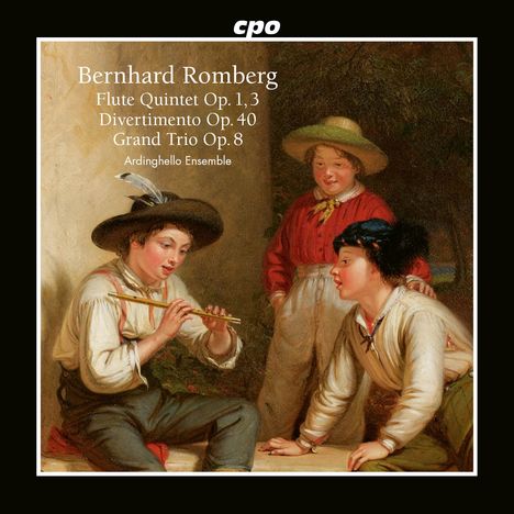 „Bernhard Romberg: Flute Quintet Op. 1, 3; Divertimento Op. 40; Grand Trio Op. 8“ von Ardhinghello Ensemble. Gemälde mit drei lachenden Kindern, eines spielt Flöte.