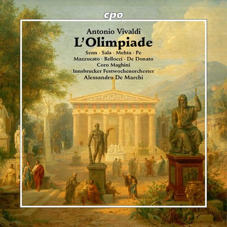 "Antonio Vivaldi - L'Olimpiade" mit Orchesternamen. Antike Kulisse mit Statuen und Tempel im Hintergrund.