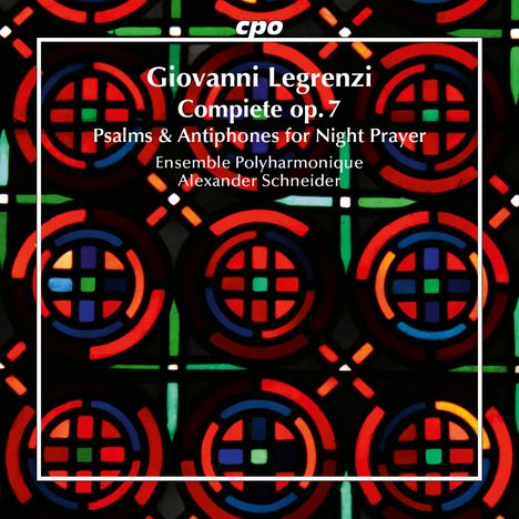 "Giovanni Legrenzi: Complete op.7" in weißer Schrift auf einem abstrakten, bunten Hintergrund mit kreisförmigen Mustern.