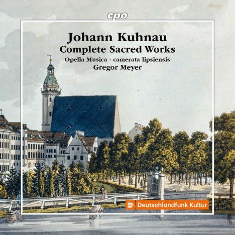 "Johann Kuhnau, Complete Sacred Works, Opella Musica, Gregor Meyer" mit historischem Stadt-Illustration und Logo.