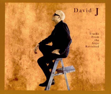 Text: „David J“, „Tracks From the Attic Revisited“. Person mit Sonnenbrille sitzt auf einer Leiter vor bronzenem Hintergrund.