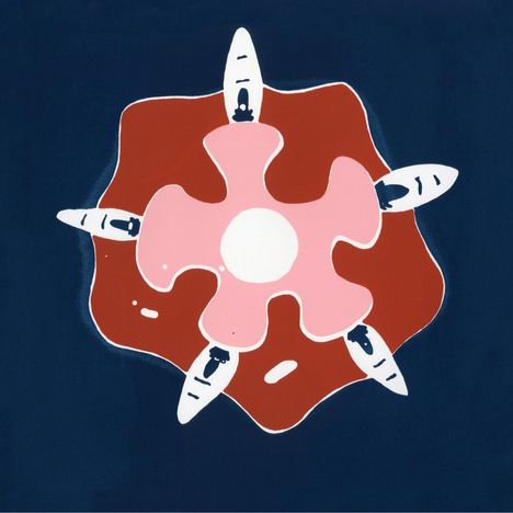 Logo: Abstraktes florales Muster mit pinken, roten und weißen Formen auf dunkelblauem Hintergrund.