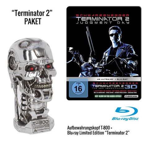 Terminator 2: Tag der Abrechnung (Geschenkset mit Aufbewahrungsbox »T-800 Metall-Head«) (Ultra HD Blu-ray &amp; 3D Blu-ray im Steelbook), 1 Blu-ray Disc und 1 Merchandise