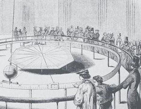 Ein Pendel schwingt über einer nummerierten Skala. Menschen beobachten interessiert. Illustrationsstil.