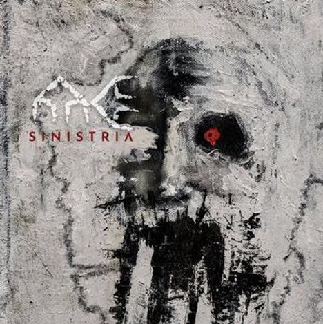 Text: AXE SINISTRIA. Eine düstere, abstrakte Illustration eines Gesichts mit einem roten Auge auf grauem Hintergrund.