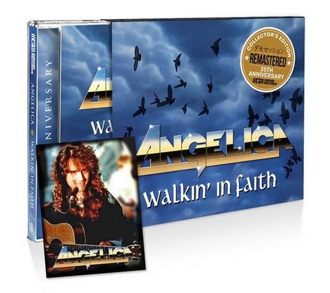 Text: "ANGELICA", "walkin' in faith", "REMASTERED", "35th ANNIVERSARY". CD-Cover mit Himmel und fliegenden Vögeln, Foto eines Musikers.