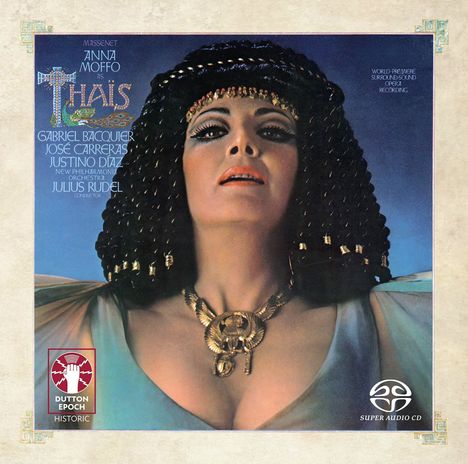 Texte: Massenet, Anna Moffo, Thaïs, Gabriel Bacquier, José Carreras, Justino Diaz, Orchestra, Julius Rudel, World-Premiere. 

Eine Frau mit ägyptisch inspiriertem Outfit und Schmuck.