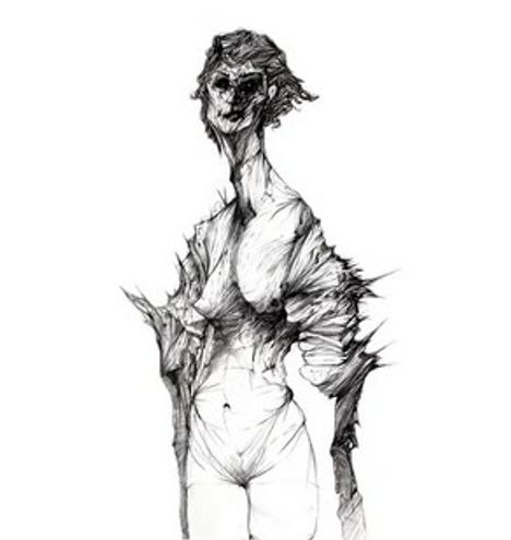 Keine Texte erkennbar. Eine skizzenhafte, abstrakte Zeichnung einer stehenden, menschlichen Figur.