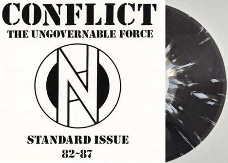 Text: "CONFLICT THE UNGOVERNABLE FORCE STANDARD ISSUE 82-87". Links ein Logo, rechts eine Schallplatte.
