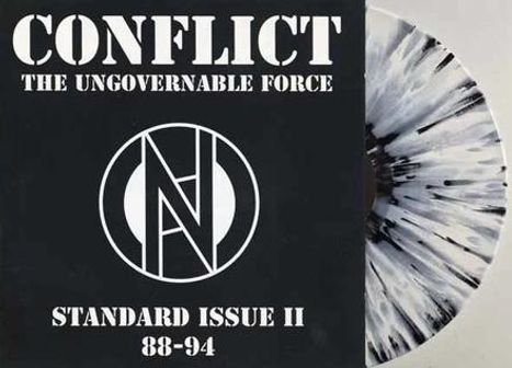 "CONFLICT THE UNGOVERNABLE FORCE" steht oben, darunter ein Logo mit einem stilisierten "N". Rechts eine Schallplatte.